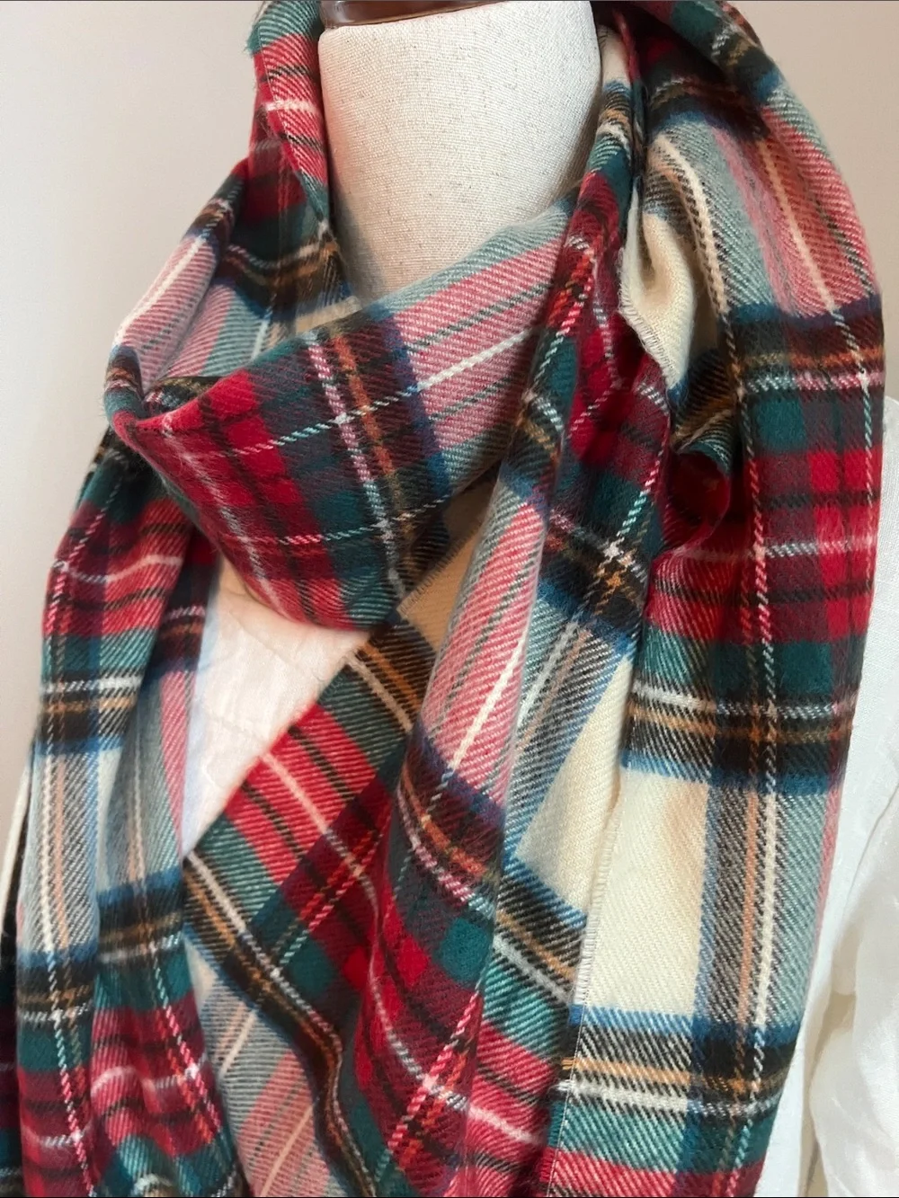 Classic Red Plaid Cream & Green Fringe Scarf Timeless Size 74” L x 12.25” W